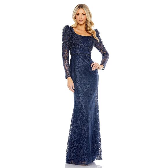 Mac Duggal 11187 Embroidered Sequin Navy Blue Trumpet Gown Size 8 NWT - Picture 1 of 9